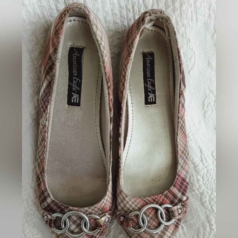 American Eagle Outfitters Pink Plaid Flats Silver Buckles Sparkly Flats School - Picture 5 of 14